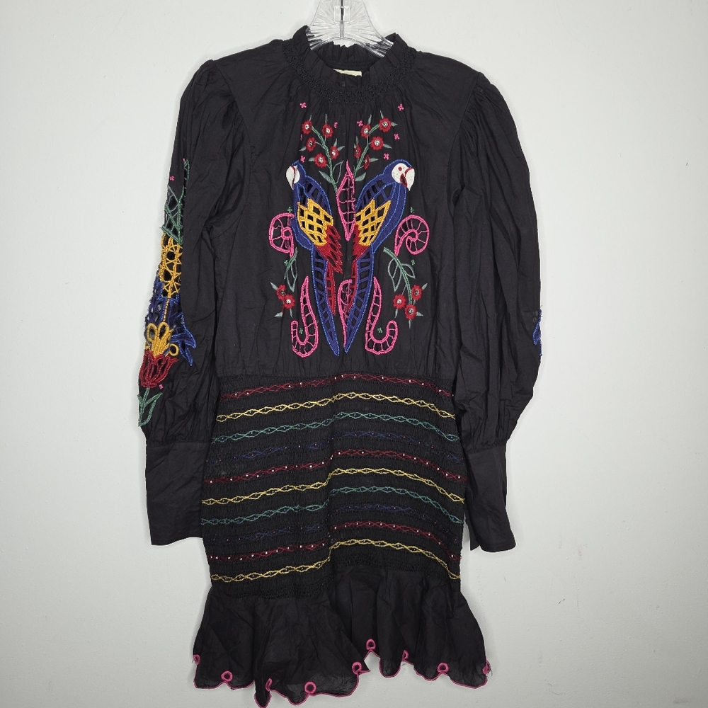 Farm Rio Women's Navy Tropical Tapestry Embroidered Smocked Mini Dress Size S